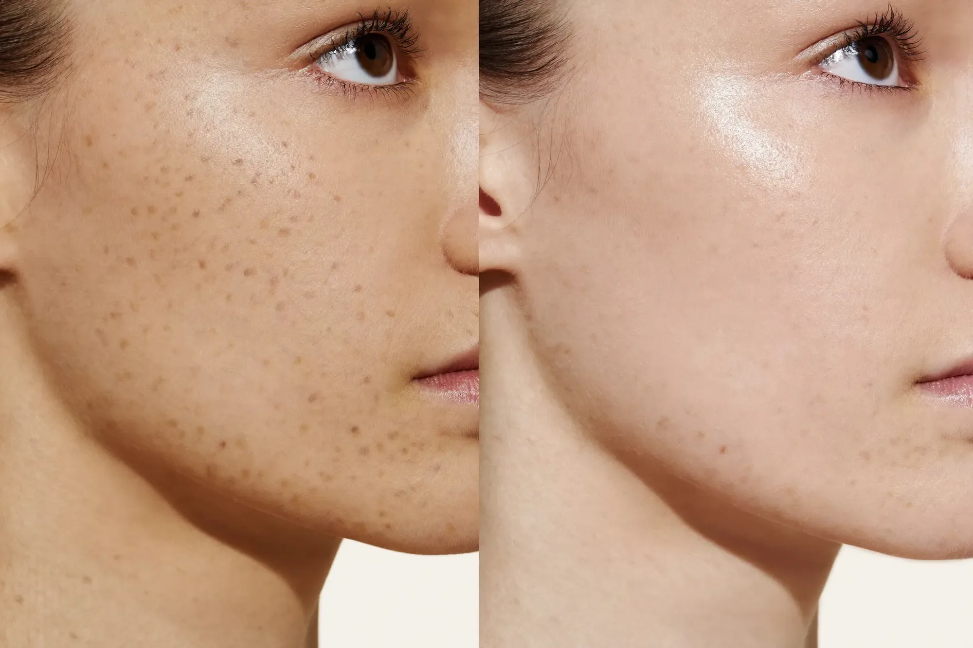 Illustrative before-and-after of even skin tone and reduced pigmentation after a chemical peel